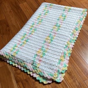 Blanket Crochet hand knit blanket 48"x32" white, green, yellow and pink